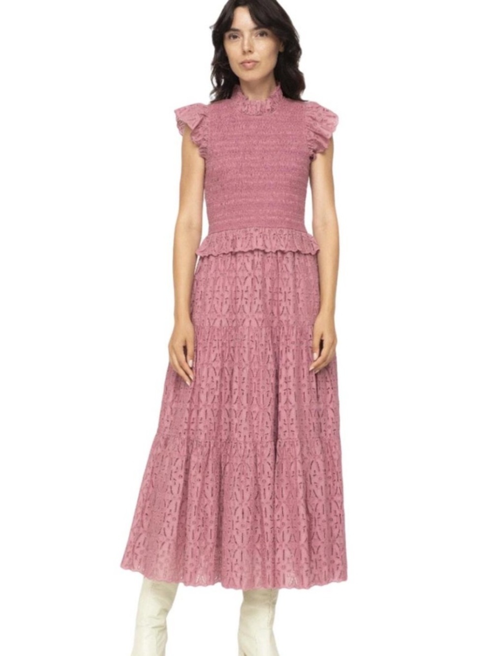 Sea New York Ingrid Pink Smocked Eyelet Ruffle Midi Dress Size 6